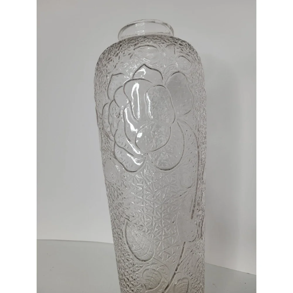 Vintage Clear Glass Rose Vase Embossed Floral Textured UV Manganese Glow Tall